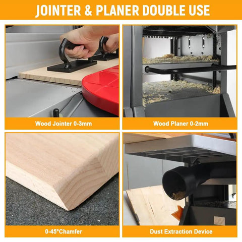 10 Inch Benchtop Planer Jointer Combo With Heavy Duty Stand 13 Amp Thickness Planer tool in use with wood, dust extraction visible.
