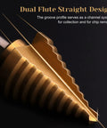 Close-up of Step Drill Bit Set Unibit 5 Piece HSS Titanium Coated with dual flute design for chip removal.