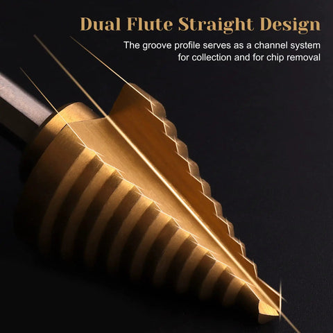 Close-up of Step Drill Bit Set Unibit 5 Piece HSS Titanium Coated with dual flute design for chip removal.