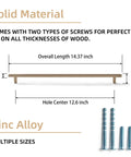 Six Pack Dark Champagne Bronze Cabinet Pulls Set With 12.6 Inch Hole Center Zinc Alloy Kitchen Drawer Handles And 14.2 Inch Overall Length Includes Two Screws Each Model 1814 CB 320 dimensions illustration