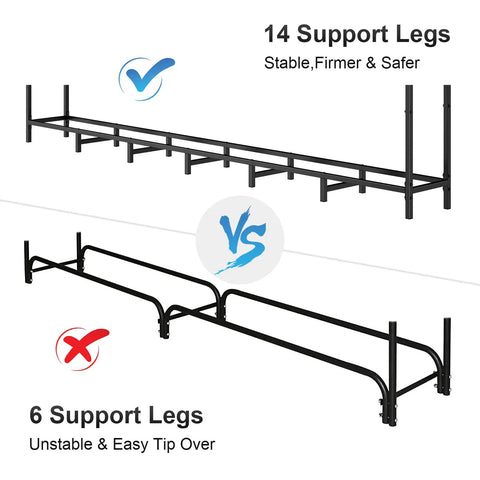 Comparison of 8Ft Firewood Rack With Cover For Outdoor Wood Storage showing 14 stable support legs vs 6 unstable legs
