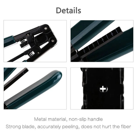 Detailed view of Fiber Optic Tool Kit For Cold Connection And Cleaving, CFS2 Style Stripper, metal material, non-slip handle