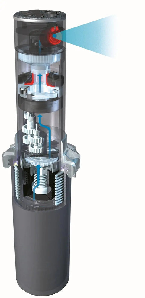 Cutaway view of adjustable six inch pop up rotor sprinkler head for lawns and yards, 50 to 360 degree arc, with nozzle three point zero