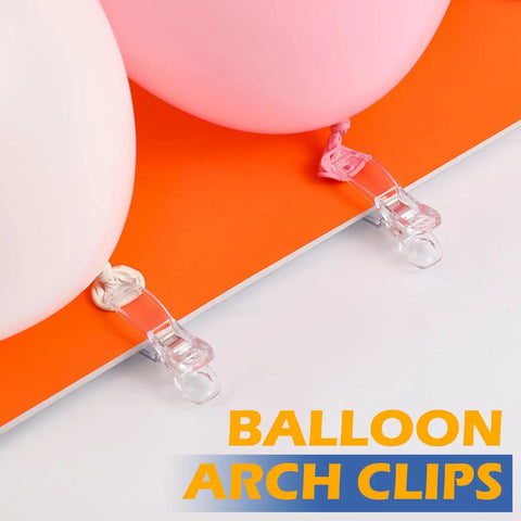 Clear Balloon Arch Clips 30 Pack, 2 Inch Plastic Backdrop Clamps securing pink balloons on orange backdrop