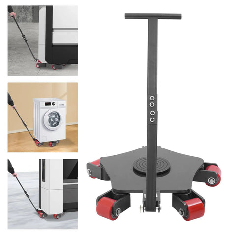 Heavy Duty Machinery Mover With Five 360 Degree PU Rollers For 8,818 Lb Capacity Industrial Transport Cart With Long Handle Reinforced Base Low Center Of Gravity Black Load Mover For Warehouse And Workshop showing use with washing machine and fridge