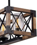 Rectangle Wood And Metal Pendant Light For Kitchen Island Chandelier With Black Finish, Rustic Industrial Vintage Ceiling Fixture