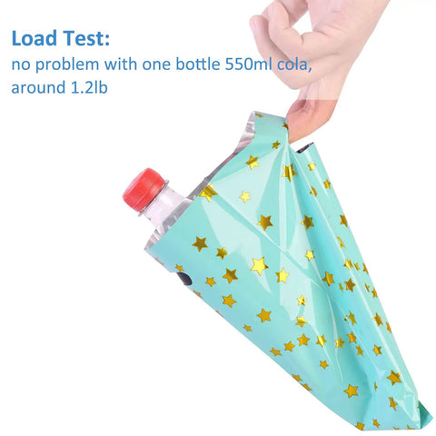 Hand holding a blue metallic star-patterned bag with a 550ml cola bottle inside, testing the 40 Pack Party Favor Bags 6.7 By 9.7 Inches.