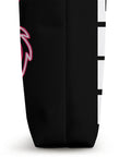 Side view of black I Love Dragon Boat Racing Tote Bag for Paddlers and Dragon Boat Teams showing pink dragon graphic detail