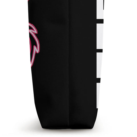 Side view of black I Love Dragon Boat Racing Tote Bag for Paddlers and Dragon Boat Teams showing pink dragon graphic detail