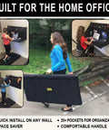 Heavy Duty Portable Standing Desk Workstation For Jobsite And Garage Use Folds Flat For Easy Storage Adjustable Height Hanging Work Surface Black Finish Perfect For Shop Or Office in use and folded
