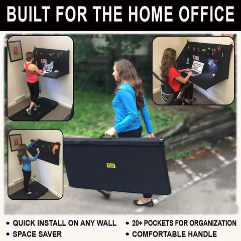 Heavy Duty Portable Standing Desk Workstation For Jobsite And Garage Use Folds Flat For Easy Storage Adjustable Height Hanging Work Surface Black Finish Perfect For Shop Or Office in use and folded