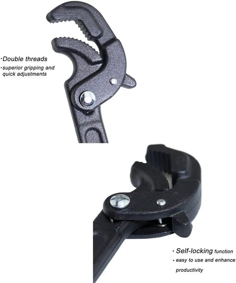 Close-up of a Two Piece Self Adjusting Wrench Set Universal Spanner with serrated jaws highlighting double threads and self-locking.