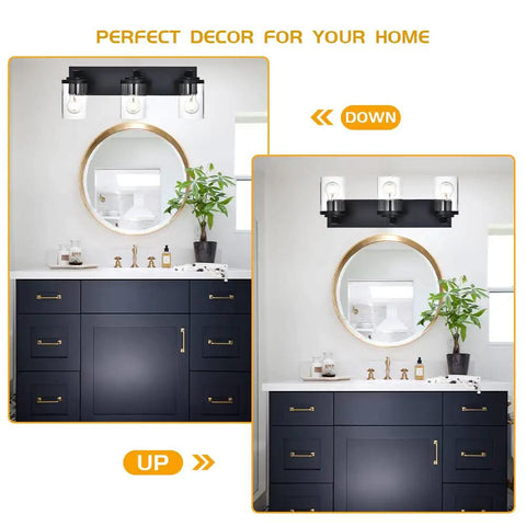 Modern 3 Light Vanity Light Fixture in Black With Clear Glass Shades over round mirror in bathroom setting.