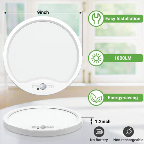 Front view of Four Pack 9 Inch Motion Sensor Ceiling Lights Wired LED Flush Mount Bright White 18W 1800lm With Three Color Temperature Modes And 30 To 120 Second Timer For Closet Pantry Hallways Stairwells Garage