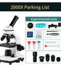 Epic Biological Microscope for Home Learning with Slides Set and Phone Adapter, shown with included experimental tools.
