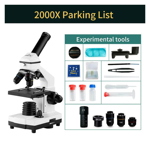 Epic Biological Microscope for Home Learning with Slides Set and Phone Adapter, shown with included experimental tools.