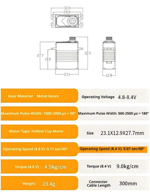Tough As Nails 9KG Micro Digital Servo Motor With All Metal Gears And Hollow Coreless Mechanics For RC Cars Planes And Helicopters Delivering High Precision And Sick Torque Black dimensions and specifications diagram.