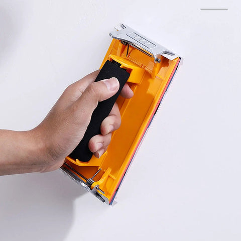 Hand holding Two Pack Sandpaper Holder With Sponge Grip For 9 By 3.6 Inch Wet Dry Sheets, Durable Hand Sander Block With Strong Bite Spring