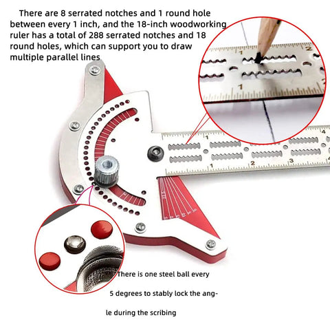 Close-up of Dope Protractor Angle Finder And Woodworking Ruler Set with serrated notches and round hole details for precision.