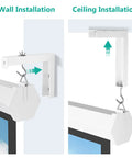 Installation guide for Rock Solid Universal Projector Screen Ceiling Mount With Heavy Duty Steel Brackets showing wall and ceiling options.