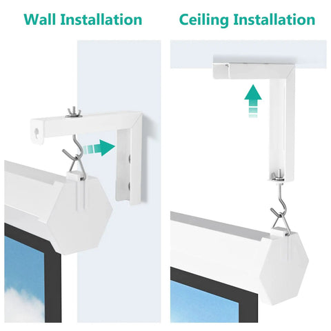 Installation guide for Rock Solid Universal Projector Screen Ceiling Mount With Heavy Duty Steel Brackets showing wall and ceiling options.