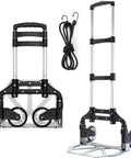 Folding telescoping hand truck with bungee cord, compact aluminum design for easy transport and storage, ideal for travel and office use.