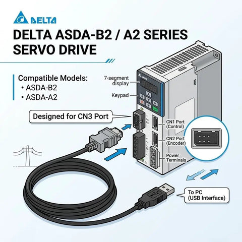 Illustration showing USB To SM 6P Encoder Cable For Delta ASDA B2 And A2 Servo Drives CN3 Port RS485 Pro Programmer Cable