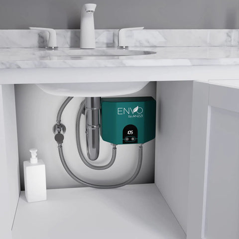 Tankless Electric Water Heater 6 kW at 240V installed under sink, compact for small bathrooms and kitchens