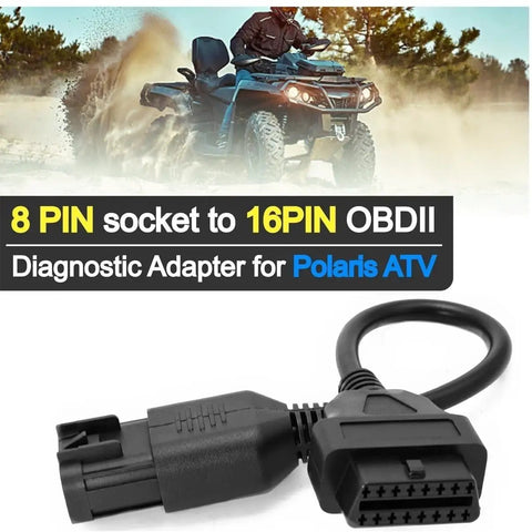 8 Pin To 16 Pin OBD2 Cable Adapter For ATVs And Motorcycles Lets You Plug An 8 Pin Diagnostic Port Into Any Standard 16 Pin OBDII Scanner For Slingshot RZR Ranger General Sportsman ACE And Other Vehicles DIY Friendly, shown with off-road ATV background.