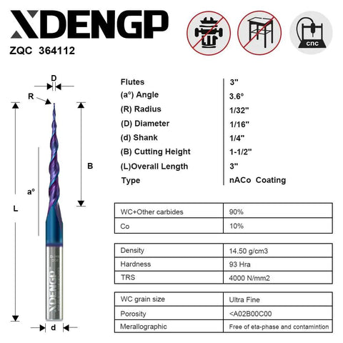 Boss Level Spiral Tapered Ball Nose Router Bit For CNC, 1/32 Inch Tip Radius With 1.5 Inch Cut Length, 1/4 Inch Shank, Naco Coated Carbide For No Sweat Machining And Ultra Smooth Finishing
