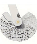 Front view of circular metal screw thread pitch gauge set (58 pcs) with interlocking blades.