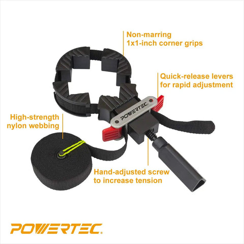 Top Shelf Flexible Strap Clamps Featuring Slick Quick Release Levers For Heavy Duty Woodworking And Custom Cabinetry, showing corner grips and nylon strap.