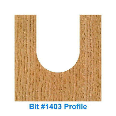 Six Piece CNC Signmaking Router Bit Set With 1/4 Inch Shank Includes 1/16 Inch Cove Nose Spiral Bit, showing bit #1403 profile on wood