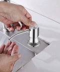 Brushed Nickel Kitchen Sink Soap Dispenser With A 47 Inch Silicone Extension Tube That Goes Directly To Your Large Dish Soap Bottle Say Goodbye To Constant Refills And Mess Easy Install Durable Countertop Pump dispensing soap into hands