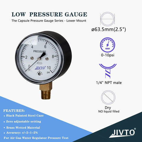 Low Pressure Capsule Gauge 0 to 10 PSI, 2.5 inch dial, 1/4 inch NPT bottom mount with zero adjustment for air gas water regulator tests