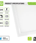 Image of Edge Lit 2x2 LED Panel Light Dimmable 22W 2956LM 4000K with specifications on wattage, voltage, and damp rating.