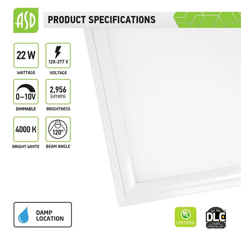 Image of Edge Lit 2x2 LED Panel Light Dimmable 22W 2956LM 4000K with specifications on wattage, voltage, and damp rating.
