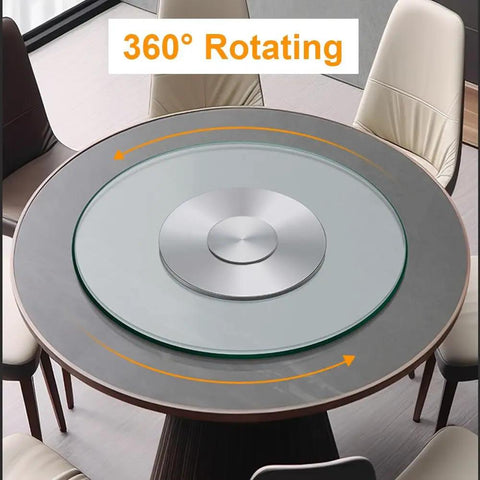 Heavy Duty 43 Inch Lazy Susan Turntable Crafted From Ultra Thick Tempered Glass With Rock Solid Aluminum Base shown on a dining table.