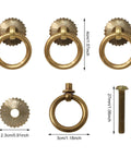 Vintage Style Antique Bronze Brass Drawer Ring Pulls Set Of 6 With Screws, showing dimensions and details.