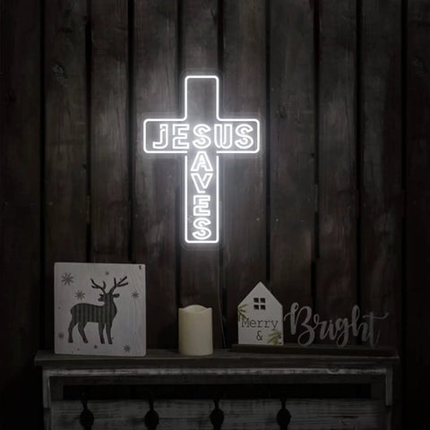 Jesus Saves Neon Sign Cross LED Light 3D Art Wall Decor 20x14 In Lit Night Glow for Church Home Memorial Display