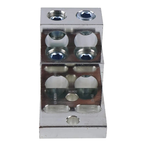 Beefy Mechanical Stacked Lug Connector For Heavy Duty Power Bus 600T 4 CU9AL 500 KCMIL 4 600 MCM 2 Wire Range 13 Thirty Second Inch Four Port Main Lug For Industrial Electrical Panels And Equipment, silver 4-port CU9AL lug