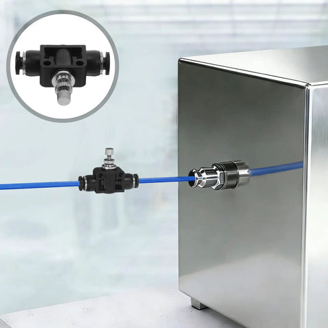 Three Pack Pneumatic Flow Control Valves With Push To Connect Tube Fittings High Pressure Tolerance And Precise Flow Adjustment For Air Cylinders And PU Tubing In Industrial Automation Kit, black valve on blue PU tubing