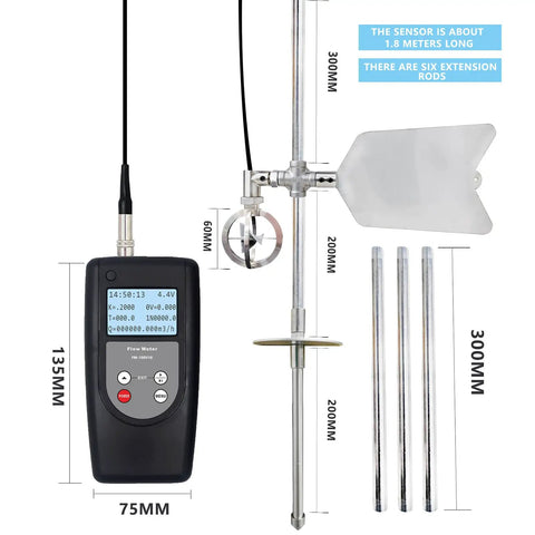 FM-100V10 Water Velocity Meter for Open Channel Flow with LCD, sensor, and extension rods, measuring range 0.01-10.00 m/s.