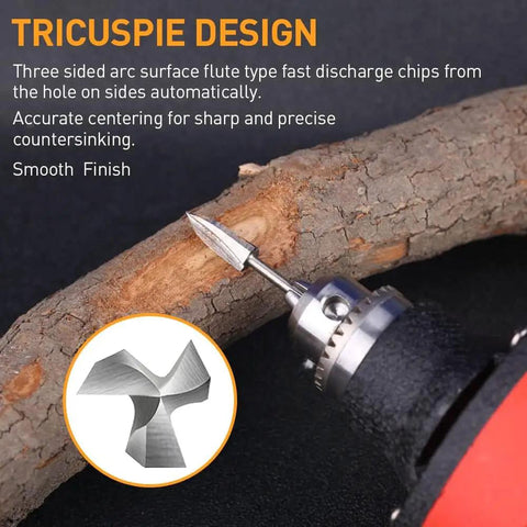 Pro Grade Wood Carving Bits For Rotary Tools, 5 Piece Engraving Drill Set With One Eighth Inch Shank, shows cutter on wood.