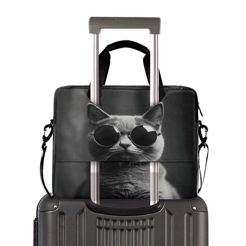 Gray Cat With Sunglasses Laptop Bag For 14 To 16 Inch Notebooks on suitcase handle, water-resistant briefcase, durable 290D polyester