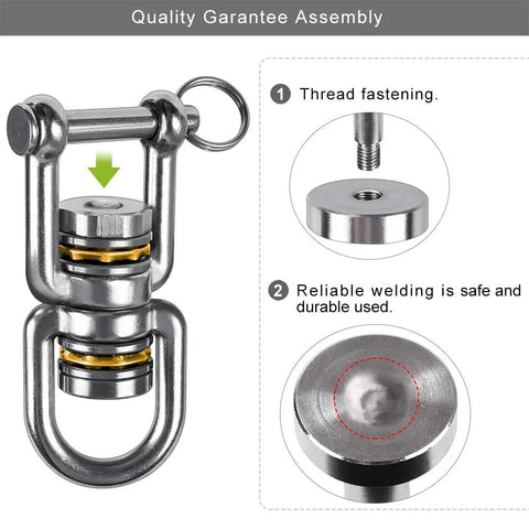 Heavy Duty Swing Swivel 360 Degree Rotation In Stainless Steel For Tree Swings Aerial Yoga And Hammock Chairs Built Tough Ultra Smooth Safe 770 LB Capacity 2 Pack with thread fastening detail and welding close-up.