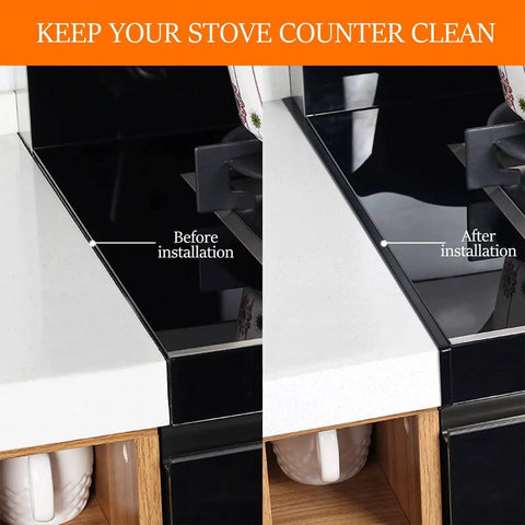 Extra Wide 25.6 Inch Stainless Steel Stove Gap Covers With Buckle Installation showing before and after sealing gaps.
