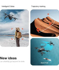 Camera Drone With 5.6 Inch HD Screen Remote, Brushless Motor Power demonstrating intelligent follow, trajectory marking, and stunt roll features.