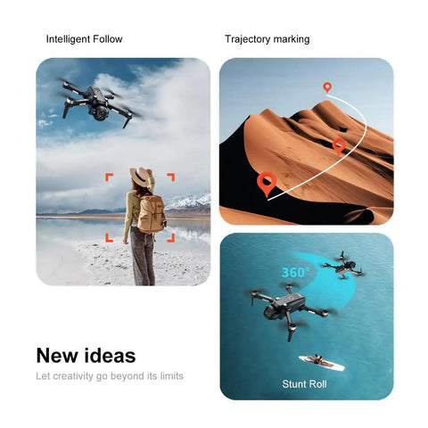Camera Drone With 5.6 Inch HD Screen Remote, Brushless Motor Power demonstrating intelligent follow, trajectory marking, and stunt roll features.