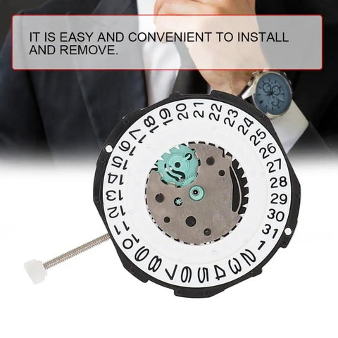 Three Hands Quartz Watch Movement With Double Calendar Kit for Pro Repair and DIY Enthusiasts, visible calendar wheels, durable metal.